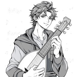 Anime style greyscale illustration of a male human bard rendered from the shoulders up