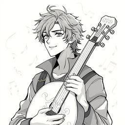 Anime style greyscale illustration of a male human bard rendered from the shoulders up