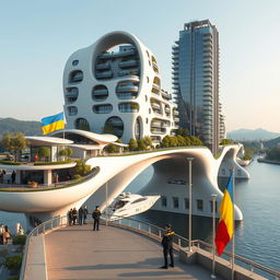 From an observation deck, behold a bridge no longer than 200 meters, featuring high bionic arches that support a dynamic, smooth-formed building with apartments and offices