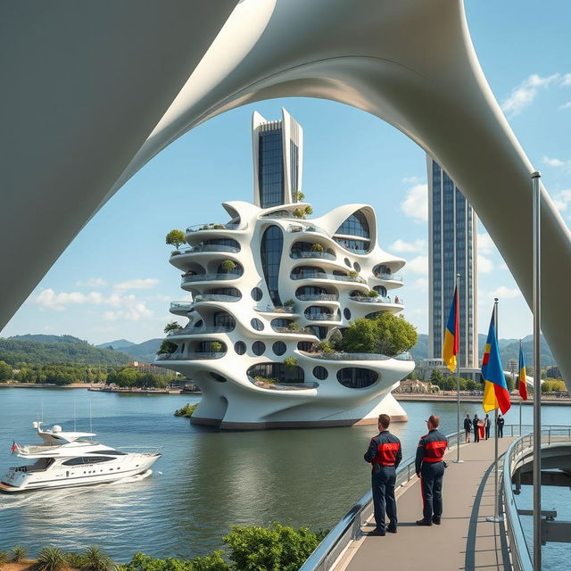 From an observation deck, behold a bridge no longer than 200 meters, featuring high bionic arches that support a dynamic, smooth-formed building with apartments and offices