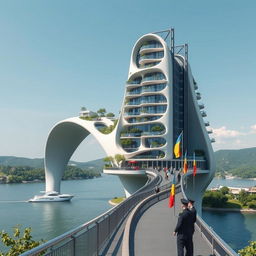 From an observation deck, behold a bridge no longer than 200 meters, featuring high bionic arches that support a dynamic, smooth-formed building with apartments and offices