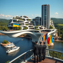 From an observation deck, behold a bridge no longer than 200 meters, featuring high bionic arches that support a dynamic, smooth-formed building with apartments and offices