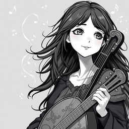 Anime style greyscale illustration of a female human bard depicted from the shoulders up