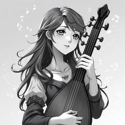 Anime style greyscale illustration of a female human bard depicted from the shoulders up