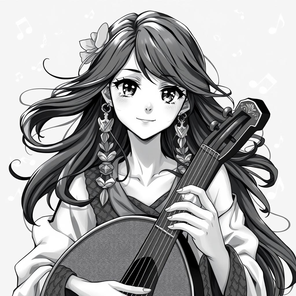 Anime style greyscale illustration of a female human bard depicted from the shoulders up