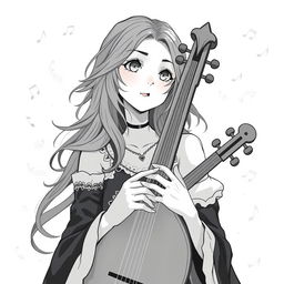 Anime style greyscale illustration of a female human bard depicted from the shoulders up