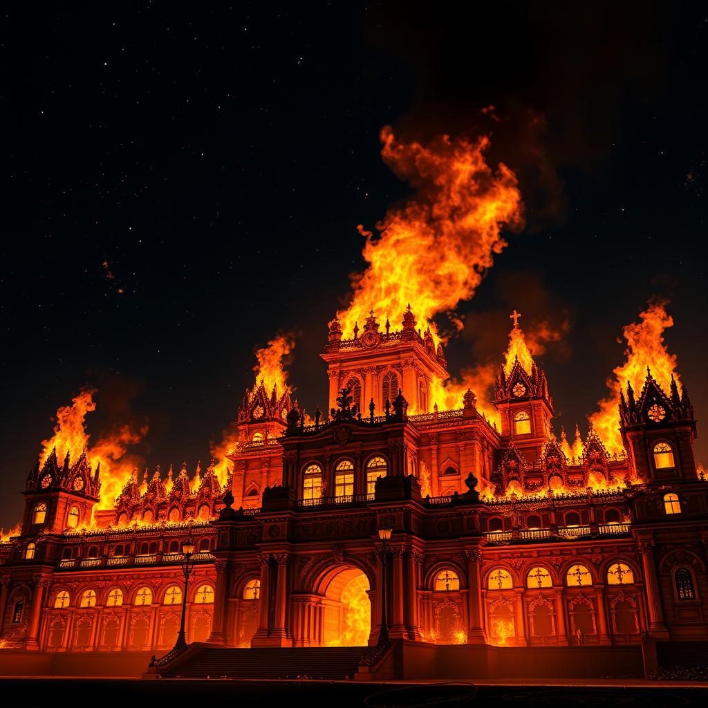 A grand, ancient palace engulfed in bright, fierce flames against the backdrop of a deep, starry night sky