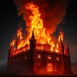 A grand, ancient palace engulfed in bright, fierce flames against the backdrop of a deep, starry night sky