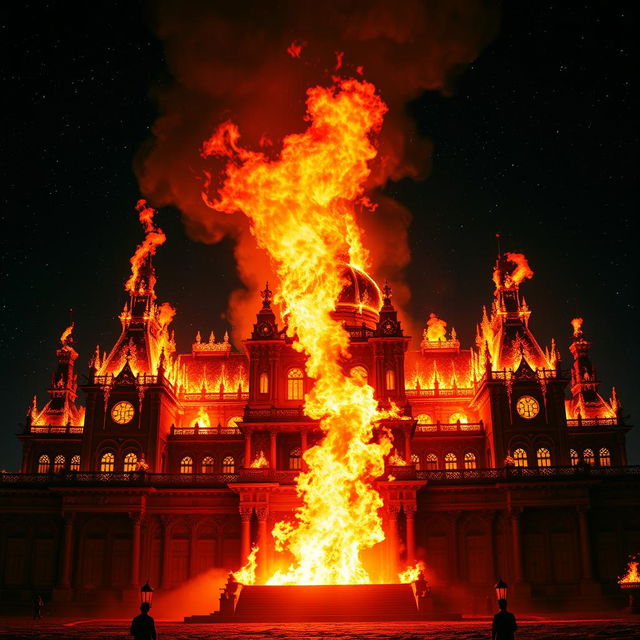 A grand, ancient palace engulfed in bright, fierce flames against the backdrop of a deep, starry night sky