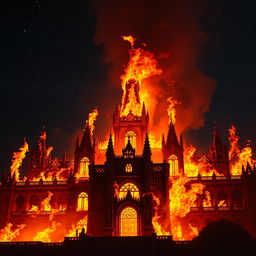 A grand, ancient palace engulfed in bright, fierce flames against the backdrop of a deep, starry night sky