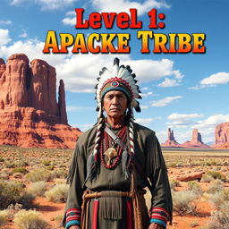 A captivating book cover featuring a solemn and proud Apache tribe warrior dressed in traditional attire