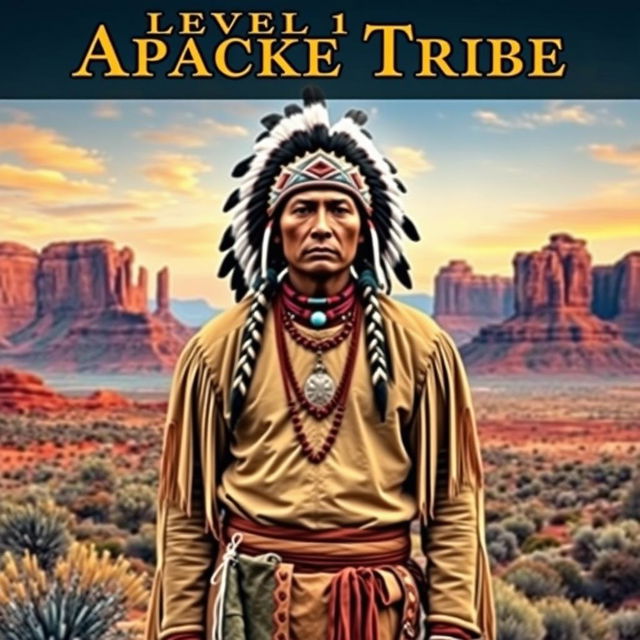 A captivating book cover featuring a solemn and proud Apache tribe warrior dressed in traditional attire