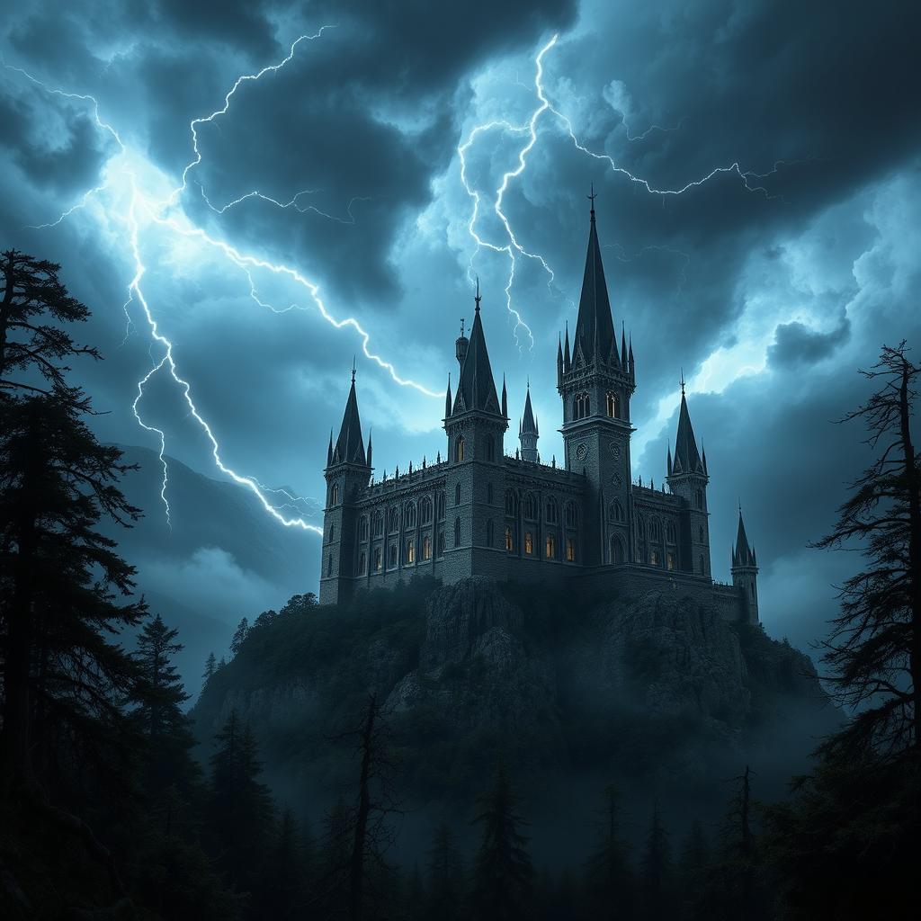 A majestic and imposing dark palace, sitting atop a rugged mountain with turbulent storm clouds swirling around its tall spires