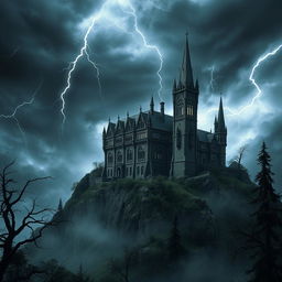 A majestic and imposing dark palace, sitting atop a rugged mountain with turbulent storm clouds swirling around its tall spires