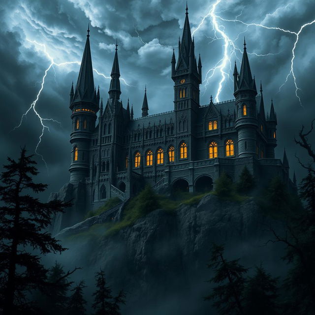 A majestic and imposing dark palace, sitting atop a rugged mountain with turbulent storm clouds swirling around its tall spires