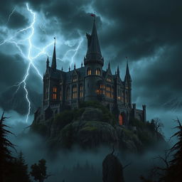 A majestic and imposing dark palace, sitting atop a rugged mountain with turbulent storm clouds swirling around its tall spires