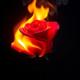 A single vibrant red rose engulfed in flames, the delicate petals curling as the fire dances along their edges