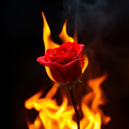 A single vibrant red rose engulfed in flames, the delicate petals curling as the fire dances along their edges