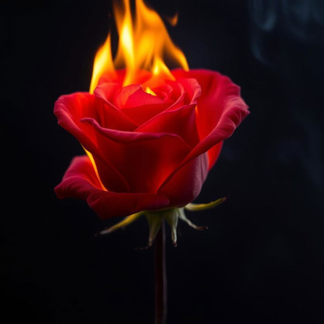 A single vibrant red rose engulfed in flames, the delicate petals curling as the fire dances along their edges