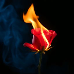 A single vibrant red rose engulfed in flames, the delicate petals curling as the fire dances along their edges