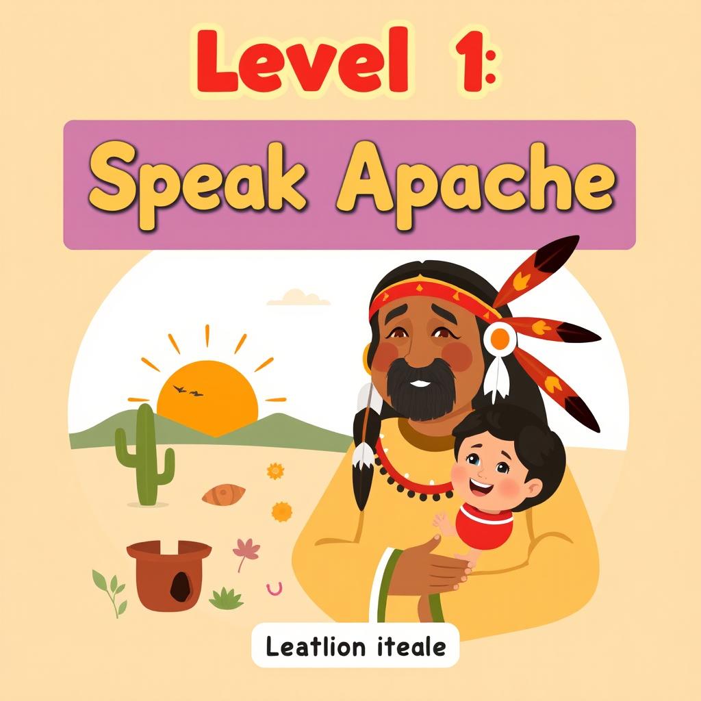 A charming and educational book cover for "Level 1 Speak Apache" designed in a flat art style suitable for 1st grade students