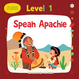 A charming and educational book cover for "Level 1 Speak Apache" designed in a flat art style suitable for 1st grade students