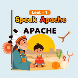 A charming and educational book cover for "Level 1 Speak Apache" designed in a flat art style suitable for 1st grade students