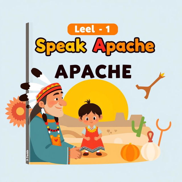 A charming and educational book cover for "Level 1 Speak Apache" designed in a flat art style suitable for 1st grade students