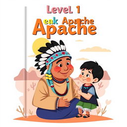 A charming and educational book cover for "Level 1 Speak Apache" designed in a flat art style suitable for 1st grade students