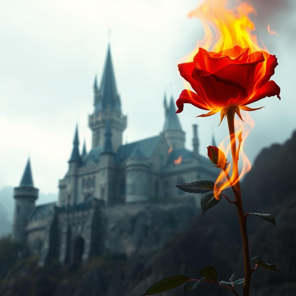 A vibrant, red rose on fire, its petals ablaze with bright, intense flames, set against the magnificent backdrop of an ancient, majestic castle