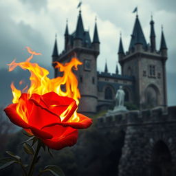 A vibrant, red rose on fire, its petals ablaze with bright, intense flames, set against the magnificent backdrop of an ancient, majestic castle