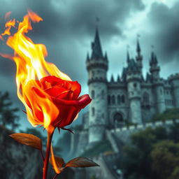 A vibrant, red rose on fire, its petals ablaze with bright, intense flames, set against the magnificent backdrop of an ancient, majestic castle