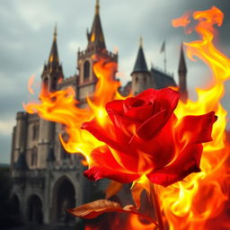 A vibrant, red rose on fire, its petals ablaze with bright, intense flames, set against the magnificent backdrop of an ancient, majestic castle