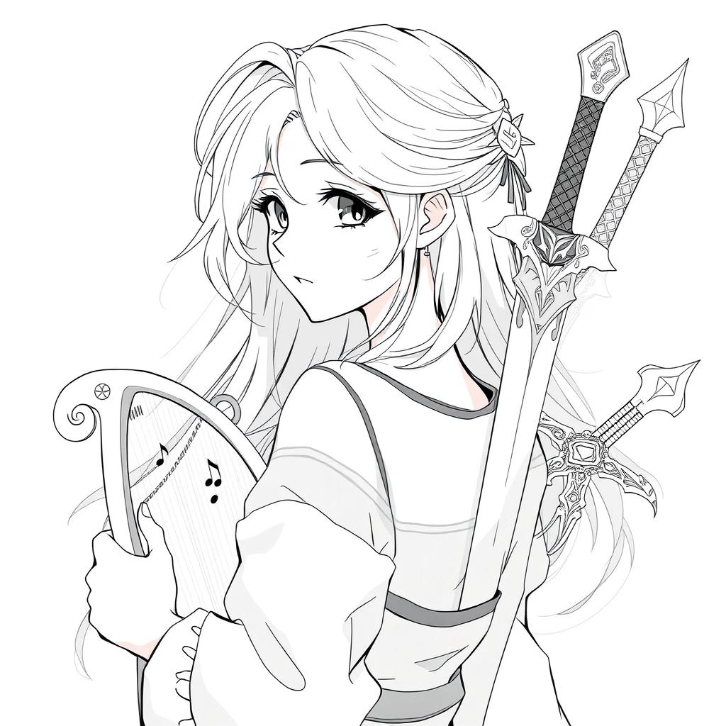 Anime style greyscale illustration of a female human bard shown from the shoulders up