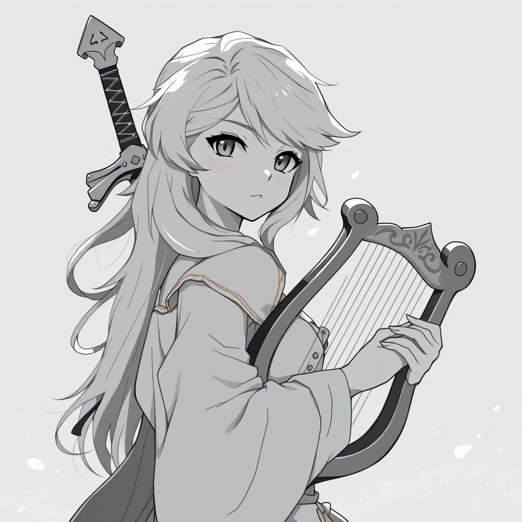 Anime style greyscale illustration of a female human bard shown from the shoulders up