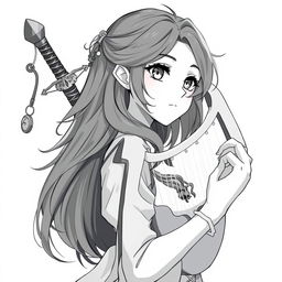 Anime style greyscale illustration of a female human bard shown from the shoulders up