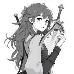 Anime style greyscale illustration of a female human bard shown from the shoulders up