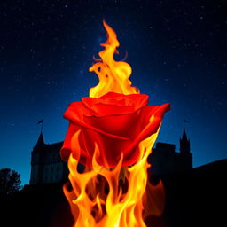 A vibrant, red rose on fire, its petals ablaze with bright, intense flames, set against a magnificent castle in the background under a starry night sky