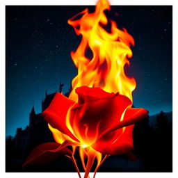 A vibrant, red rose on fire, its petals ablaze with bright, intense flames, set against a magnificent castle in the background under a starry night sky