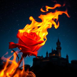 A vibrant, red rose on fire, its petals ablaze with bright, intense flames, set against a magnificent castle in the background under a starry night sky