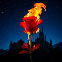 A vibrant, red rose on fire, its petals ablaze with bright, intense flames, set against a magnificent castle in the background under a starry night sky