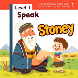 A delightful book cover for "Level 1 Speak Stoney" designed in a flat art style tailored for 1st grade students