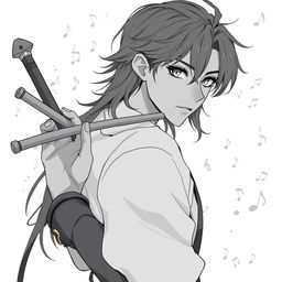 Anime style greyscale illustration of a male human bard depicted from the shoulders up