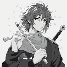 Anime style greyscale illustration of a male human bard depicted from the shoulders up