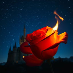 A rose with dim, flickering flames on its petals, casting a soft glow