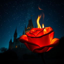 A rose with dim, flickering flames on its petals, casting a soft glow