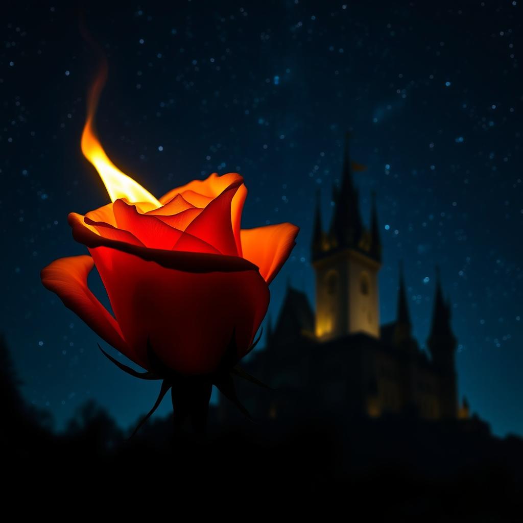 A rose with dim, flickering flames on its petals, casting a soft glow