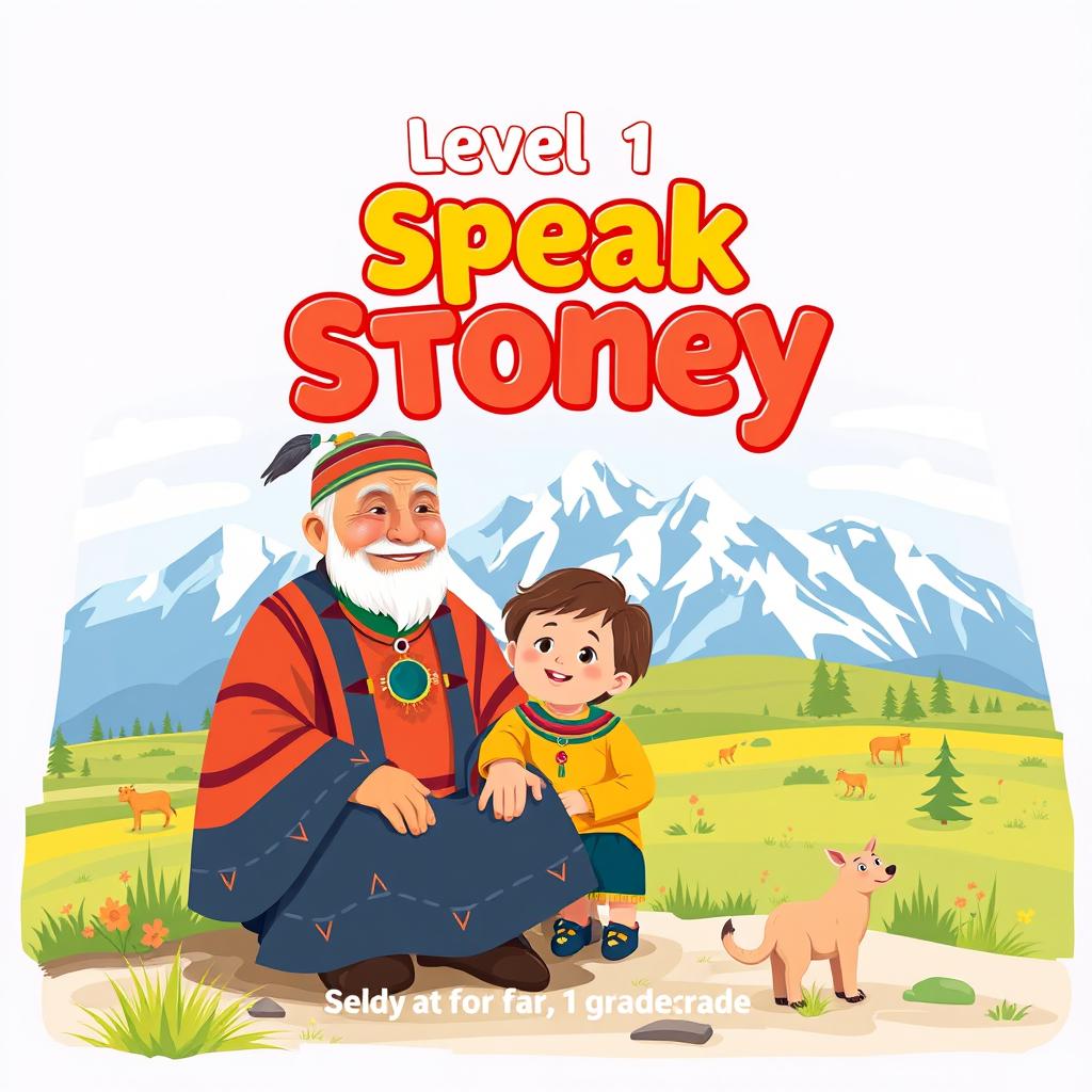 A delightful book cover for "Level 1 Speak Stoney" designed in a flat art style tailored for 1st grade students