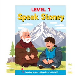 A delightful book cover for "Level 1 Speak Stoney" designed in a flat art style tailored for 1st grade students