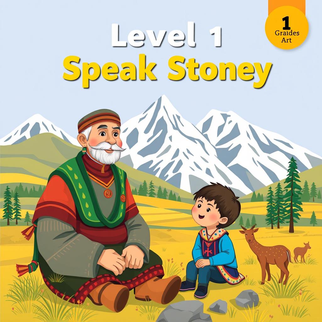 A delightful book cover for "Level 1 Speak Stoney" designed in a flat art style tailored for 1st grade students